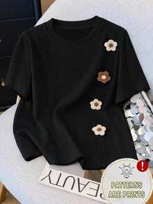 Camiseta de manga corta para mujer, nueva camiseta de verano con estampado floral 2D 3D de transferencia de calor, top fino, versátil y casual para el día a día. - Oscuro - Ver 1