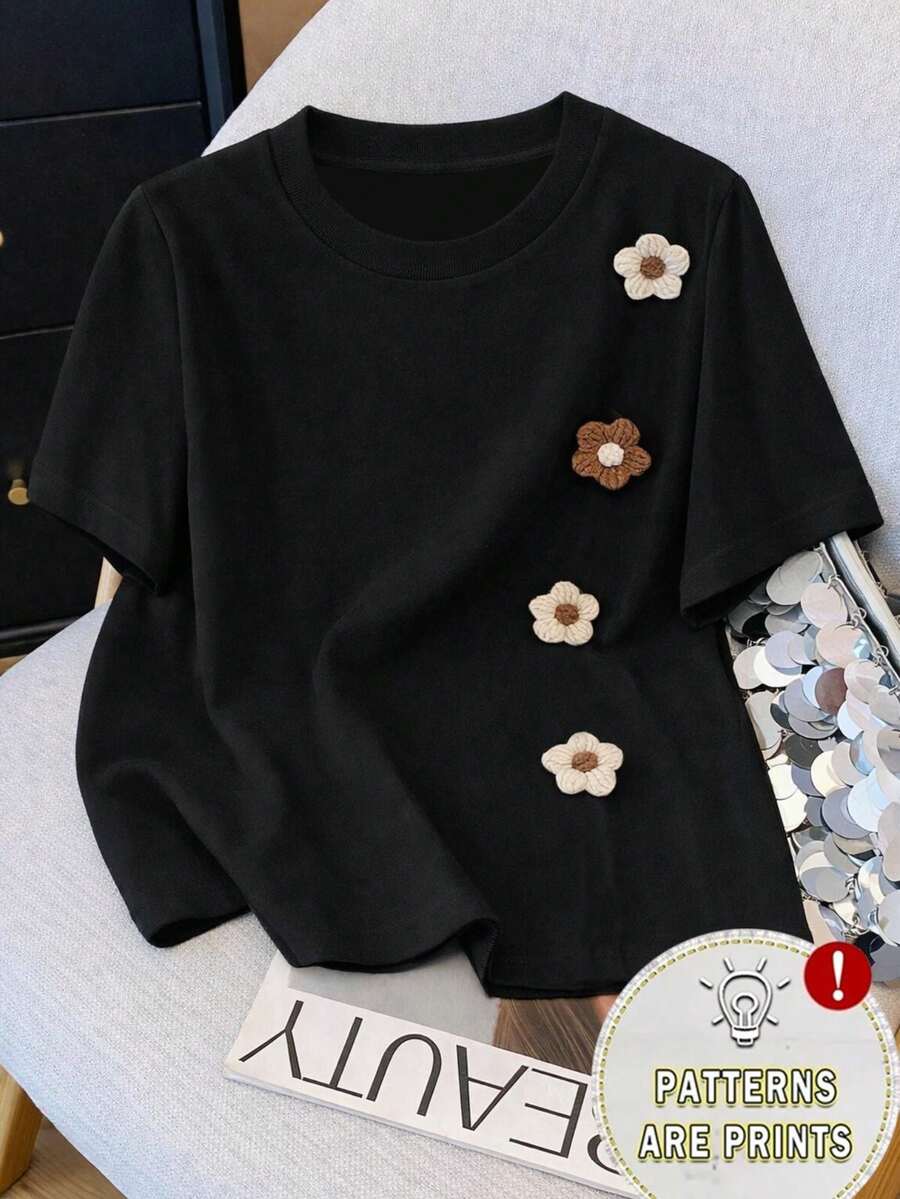 Camiseta de manga corta para mujer, nueva camiseta de verano con estampado floral 2D 3D de transferencia de calor, top fino, versátil y casual para el día a día. - Oscuro - Ver 1