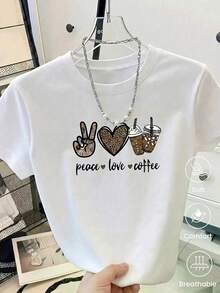 Oversized T-Shirt With Peace Print, Brown Leopard Print, Short Sleeve, Round Neck, Casual Urban Style, Fashion Streetwear, Novelty Women's Clothing Y2K - 白色的 - 查看 1