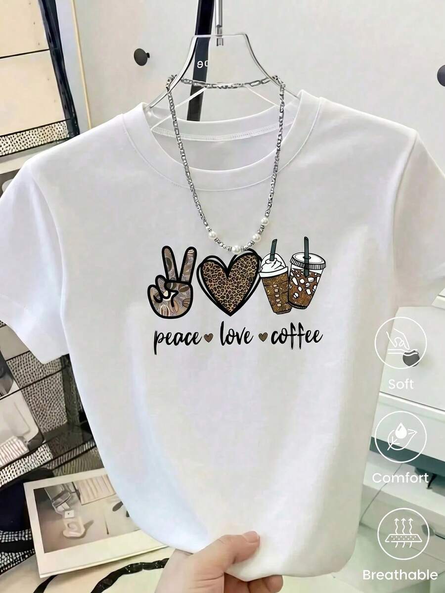 Oversized T-Shirt With Peace Print, Brown Leopard Print, Short Sleeve, Round Neck, Casual Urban Style, Fashion Streetwear, Novelty Women's Clothing Y2K - 白色的 - 查看 1
