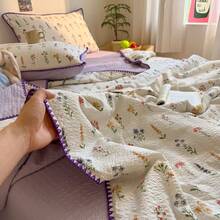 1pc Quilted Summer Air Conditioning Blanket With Hook And Lace Trim, Cute Pastoral Style, Soft And Comfortable Bedding, Suitable For Dorm, Bedroom, Apartment, Spring And Summer - Mauve Purple - View 2