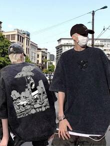 Camiseta Negra Oversize Lavada Estilo Vintage con Gráficos, Ropa para Hombre y Mujer, Diseño 'Umbrella Girl Ruins', Camiseta sin Mangas de Felpa Francesa Estilo Boxy Anime, Ropa Urbana Estil - Negro - Ver 2