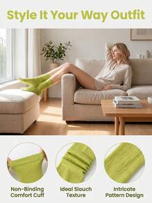 Calze da donna verde avocado con costine verticali fino al ginocchio, morbide e traspiranti, stile preppy JK dopamina - Verde - Visualizzare 3