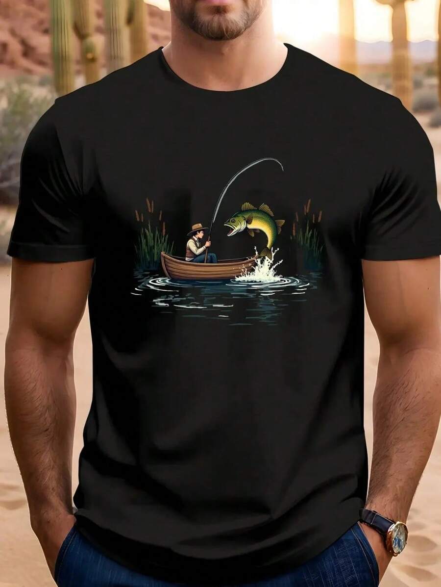 Men's Summer T-Shirt, Plus Size, With Fishing Print, Jumping Fish And Fisherman, Casual Short Sleeve T-Shirt, Modern Urban Clothing For Men - 酒紅色 - 查看 1