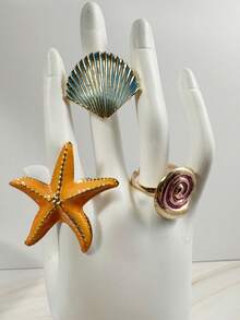 imoli 3pcs/Set Bohemian Beach Vacation Stackable Ocean Theme Enamel Orange Starfish + Pink Spiral Conch + Turquoise Scallop Shell Personalized Ring Set, Knuckle Rings, Suitable For Summer Seaside Party Daily Wear Jewelry Gift - 32817-ring-yb - View 6