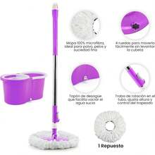Magic Rotating Mop With Wringer Bucket, 360° Rotating Microfiber Head, Adjustable Telescopic Handle, Efficient Cleaning System For Wood, Ceramic, Marble Floors And More (BLACK) - Purple - View 3