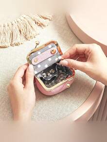 1pc Genuine Leather Mini Jewelry Box, Portable Vintage Style Small Leather Coin Purse, Jewelry Storage Box, Mini Travel Ring Box With Kiss Lock, Women's Earring Ring Necklace Storage Box - Pink - View 1