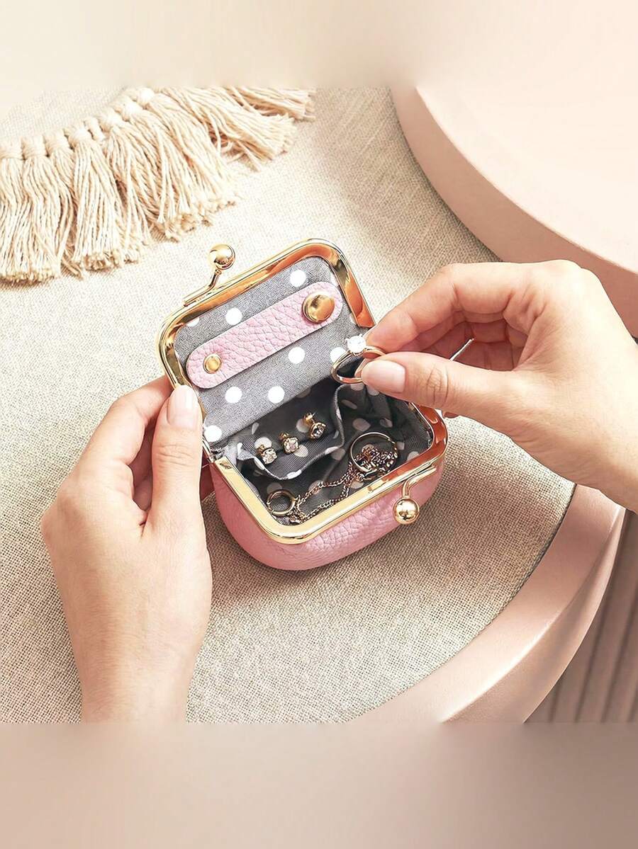 1pc Genuine Leather Mini Jewelry Box, Portable Vintage Style Small Leather Coin Purse, Jewelry Storage Box, Mini Travel Ring Box With Kiss Lock, Women's Earring Ring Necklace Storage Box - Pink - View 1