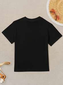 Cartoon Bear Print Children's Short Sleeved T-Shirt, Embellished With Heart Patterns, Cute Casual Summer Top, One Piece Customization - Black - View 5