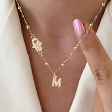 Collar con colgante de letra, cruz y corona, estilo minimalista clásico, cadena de cuentas de acero inoxidable, para mujer. - Letras con microaplicación dorada - Ver 5