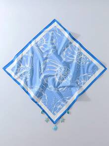 1件夏季海洋風女款時尚貝殼印花方巾－多功能海星與貝殼裝飾女用圍巾、髮帶、髮巾，聚酯纖維材質，適合日常穿著夏季髮飾沙灘頭巾 - 藍色 - 查看 3