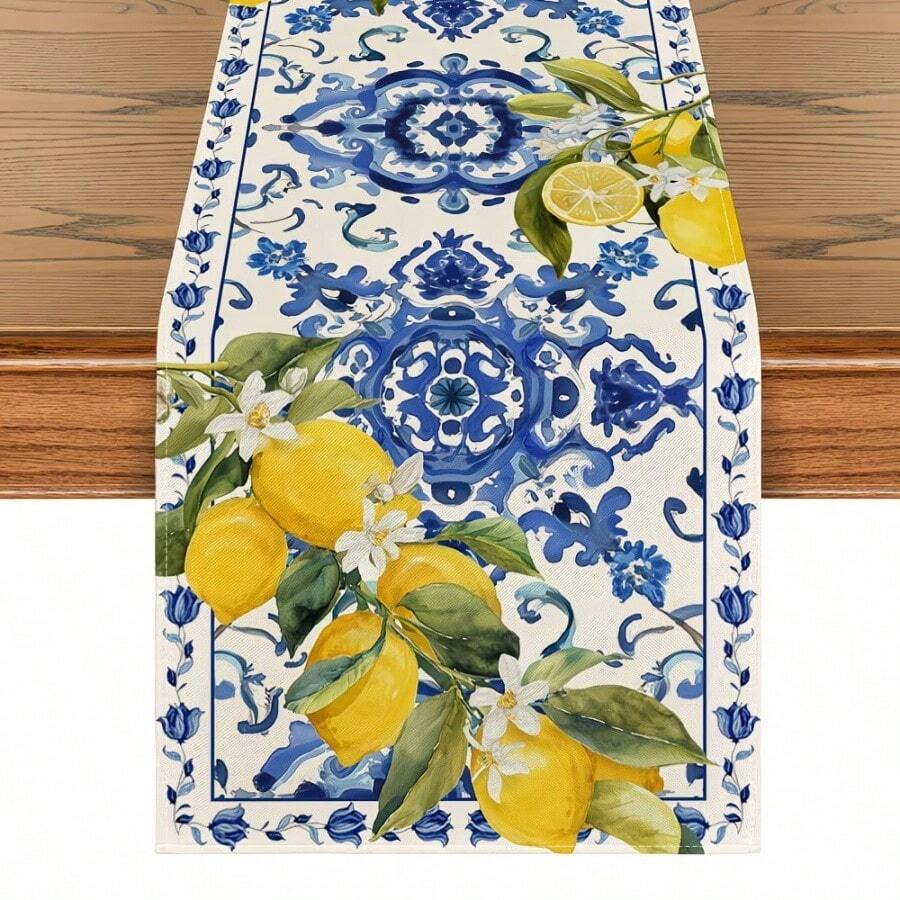 Camino de mesa de poliéster, patrón de porcelana azul con estampado floral de flor de limón y limón simple, impermeable, resistente al calor y lavable, decoración de camino de mesa para mesa de comedor, para decoración de mesa y prevención de polvo