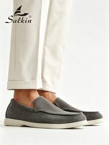 Salkin 經典設計手工男士莫卡辛鞋 平價奢華一腳蹬樂福鞋 寬楦頭 麂皮素食皮革 男鞋 日常休閒平底開車鞋 多色可選 節日禮物 - 深灰色 - 查看 8