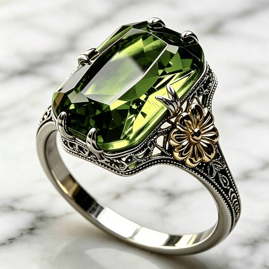 Luxury Elegant Silver-Plated Ring, Vintage Inlaid Rectangular Olive Green Cubic Zirconia, Exquisite Twisted Design, Graceful And Sophisticated - Green - View 1