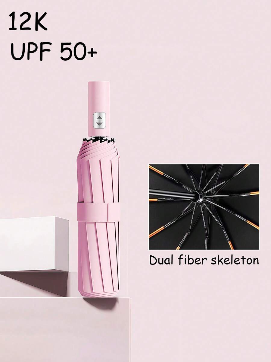 1PC Summer New 3-Fold Automatic Folding Umbrella, Double Ribs, Sun & Rain Umbrella, Extra Large Double Person Black Coating Sunshade Umbrella - As Shown - View 1