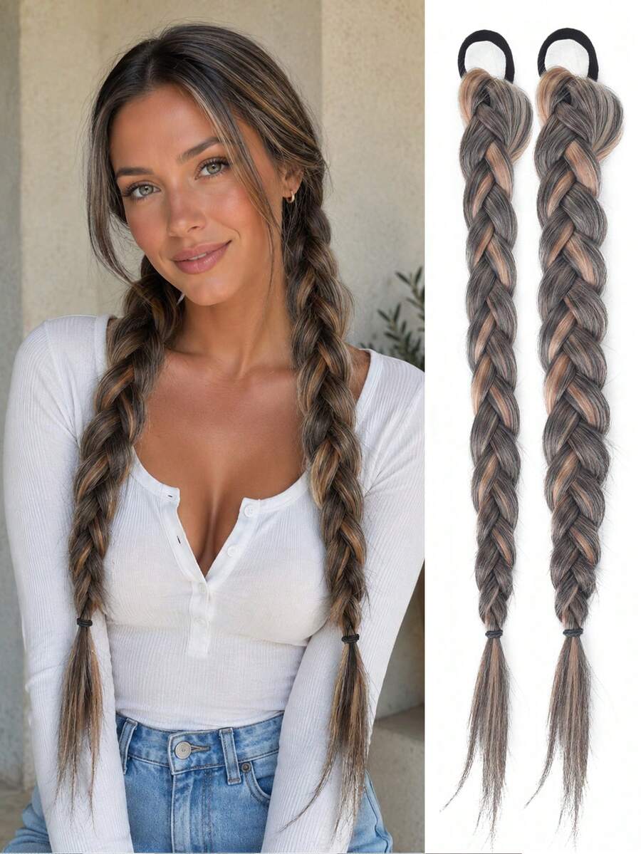 2pcs Of Synthetic Braided Ponytail Extensions, 16 Inches Long, With Elastic Band, Suitable For Women's Everyday Wear And Parties. - Multicolor - View 1