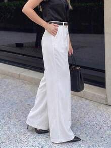 1pc Women's Solid Color High Waist Straight Leg Wide Leg Pants (Belt Not Included), Solid Color Pockets, Solid Color Long Straight Leg Pants, Single Item, Suitable For Office, Vacation, Daily Wear, All Seasons - White - View 4