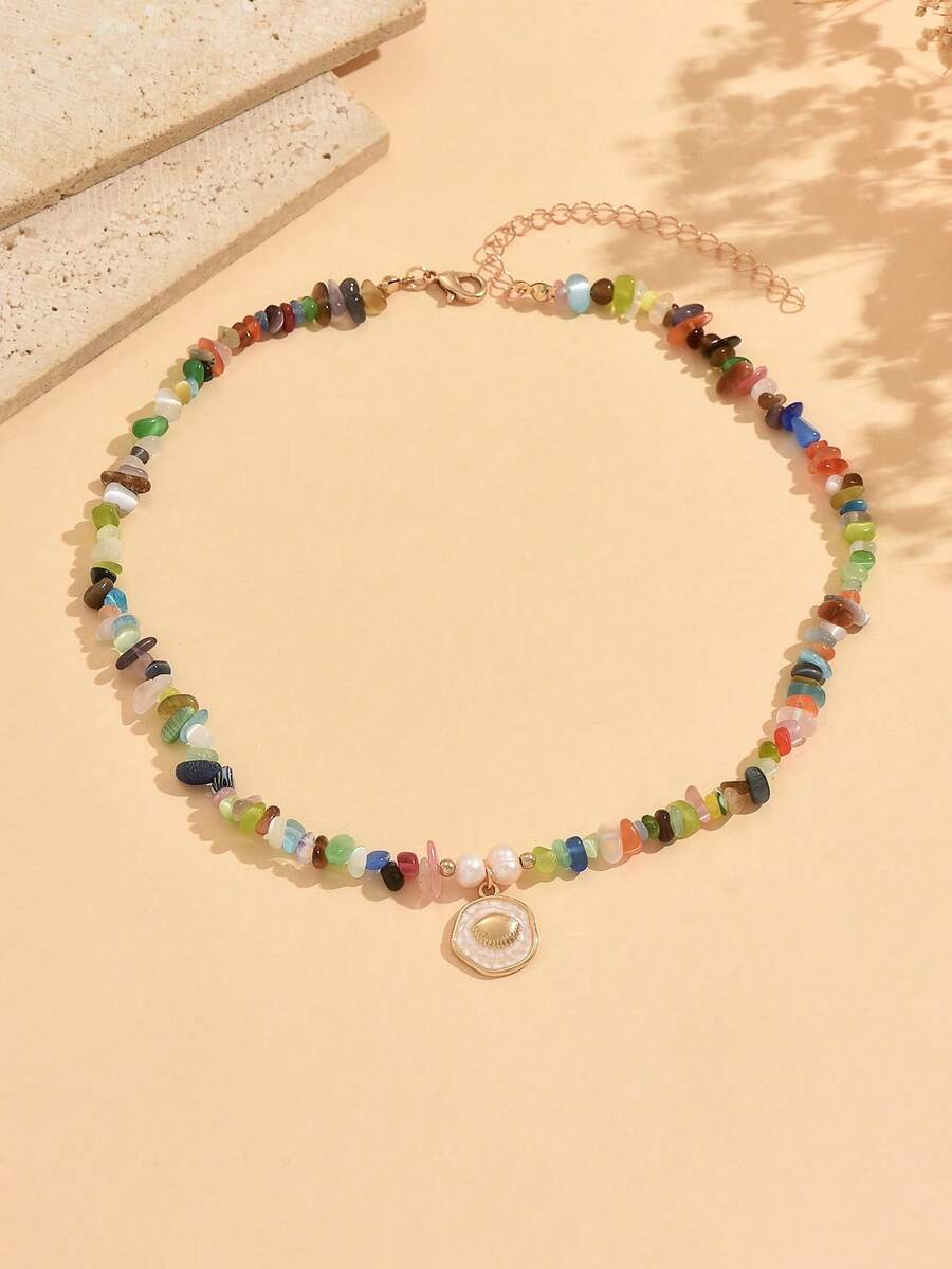 1pc Fashion Dopamine Colorful Crushed Stone Beaded Necklace With Fashion Enamel Geometric Pendant, Clavicle Chain For Women, Suitable For Daily Wear, Summer Vacation, Date, Party And Music Festival - Multicolor - View 1