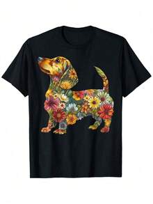 Camiseta con Estampado de Dachshund Floral de Top pickLocal para Mujeres y Hombres - Camiseta de Algodón Ultra Suave y Transpirable con Diseño Floral Vibrante, Cuello Redondo Casual, Manga C - Multicolor - Ver 1