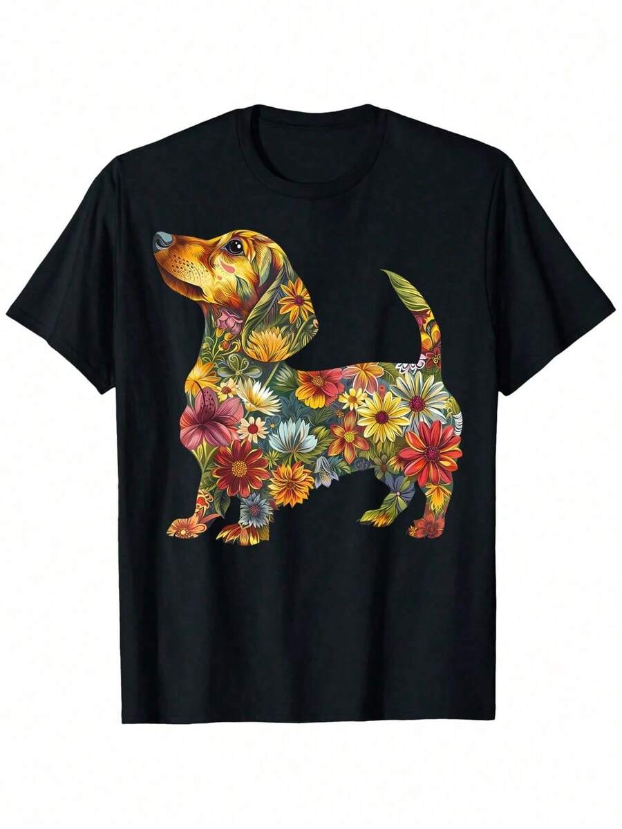 Camiseta con Estampado de Dachshund Floral de Top pickLocal para Mujeres y Hombres - Camiseta de Algodón Ultra Suave y Transpirable con Diseño Floral Vibrante, Cuello Redondo Casual, Manga C - Multicolor - Ver 1