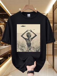 Camiseta Alien Heart - Estampado de meme alienígena vintage, malla transpirable, manga corta, cuello redondo, top casual de verano, adecuada para salidas diarias, fiestas y desplazamientos, - Negro - Ver 1