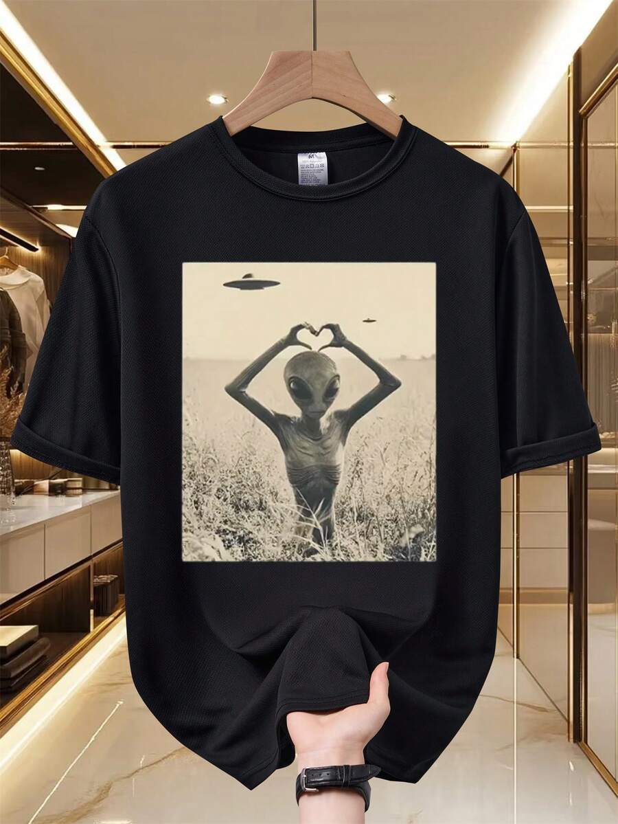 Camiseta Alien Heart - Estampado de meme alienígena vintage, malla transpirable, manga corta, cuello redondo, top casual de verano, adecuada para salidas diarias, fiestas y desplazamientos, - Negro - Ver 1