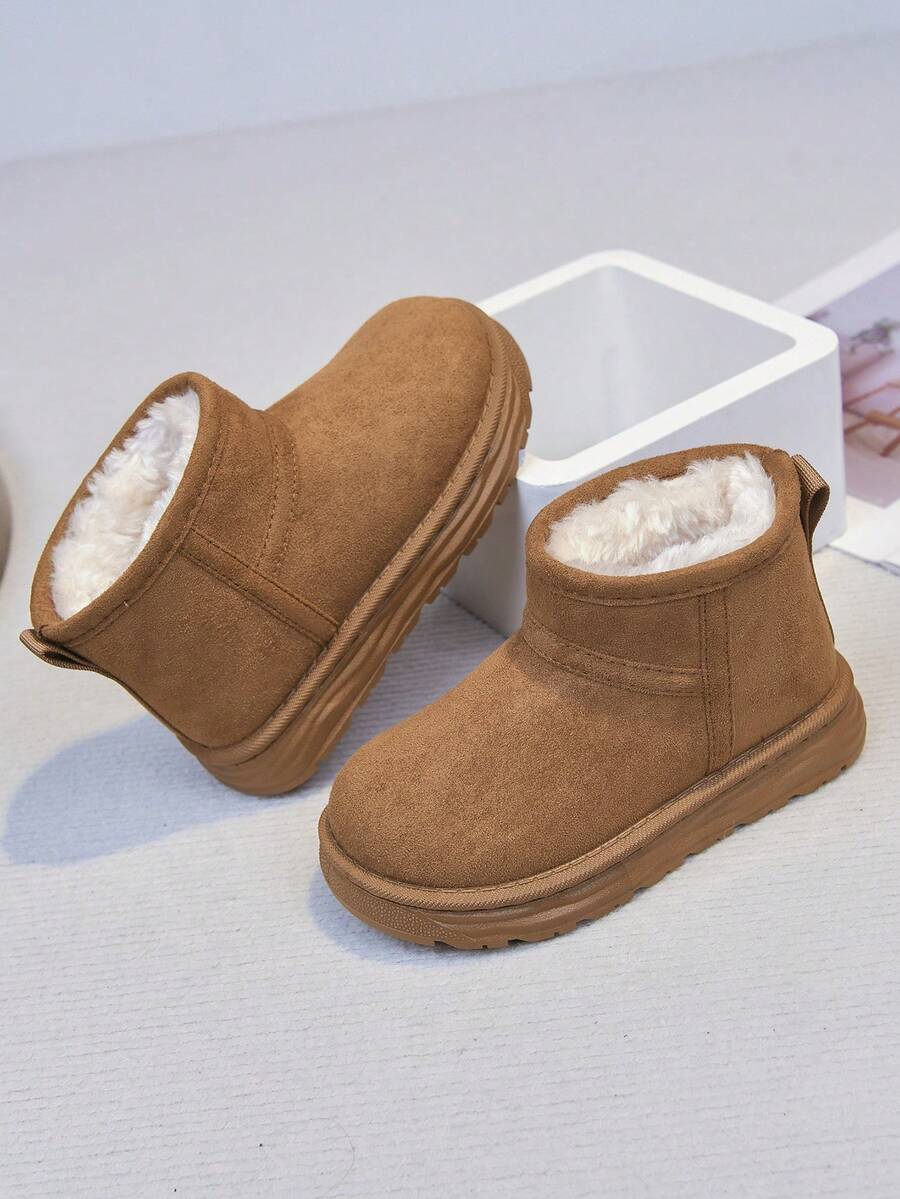 1 Pair Unisex Kids Winter Solid Color Thermal Lined Short Snow Boots, Simple Daily Wear Slip-On Warm Ankle Boots For Autumn/Winter - Brown - View 1
