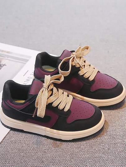 Korean Style Kids Patchwork Sneakers, Black & Purple Colorblock Distressed Beige Trim Thick Sole Design, Breathable Toe, Versatile Casual Commuter Shoes For Boys & Girls
