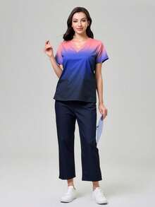 TaskEZ Scrub Uniform Set With Gradient Short Sleeve Top And Solid Color Pants - Burgundy - View 1