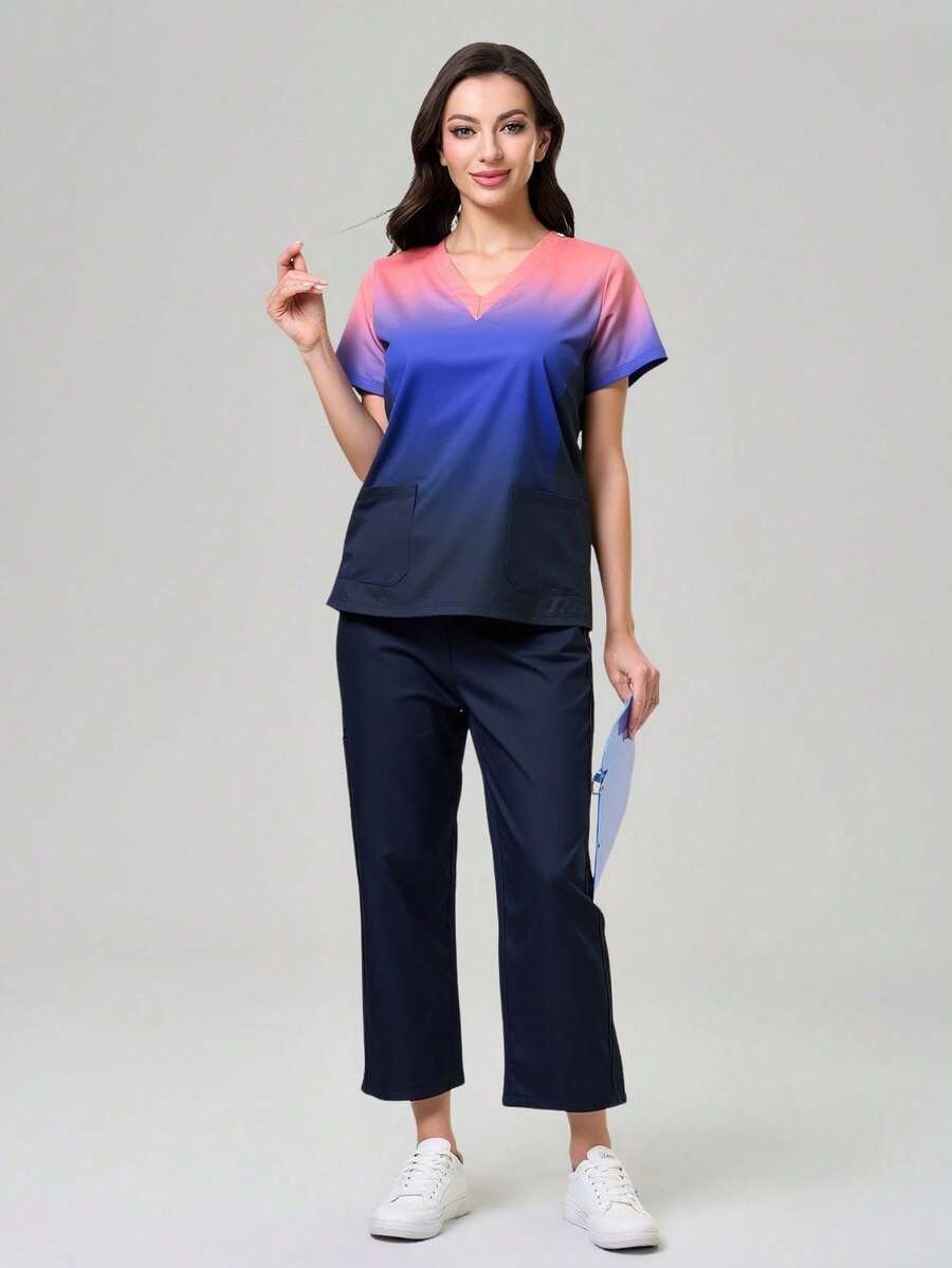 TaskEZ Scrub Uniform Set With Gradient Short Sleeve Top And Solid Color Pants - Burgundy - View 1
