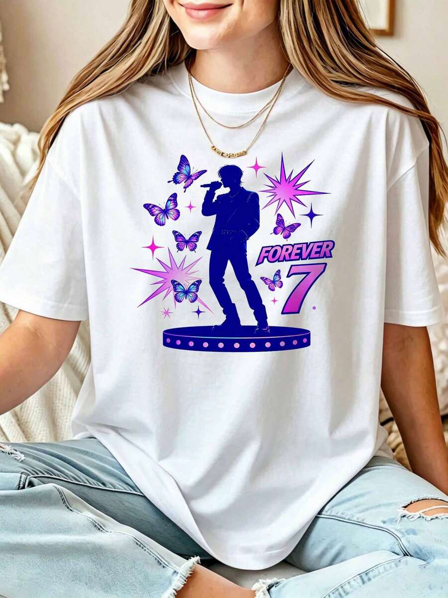 Retro Y2K Silhouette Graphic Tee For Women, Purple FOREVER 7 Print, Aesthetic Concert Top - Putih - View 1