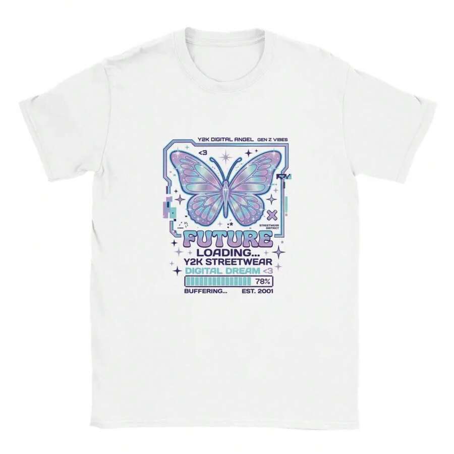 Camiseta de mariposa 2026Y2K, camiseta vintage con estampado de barra de carga cyberpunk, hermosa camiseta blanca de verano, ropa, ropa casual, camisetas cómodas. - Blanco - Ver 1