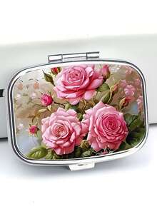 2D Flat Design, 1pc Exquisite Floral Pill Container, Small Pill Storage Box, 2-Compartment Pill Box, Portable Home Medicine Box, Suitable For Pocket, Bag, Travel, Great Gift Choice - Multicolor - View 4