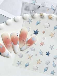 1Sheets Summer Ocean Beach Nail Stickers, Self-Adhesive 3D Mini Seashell Starfish Conch Nail Decals, Pastel Blue Pink Marine Pattern Manicure Decor,For Summer Vacation Seaside Daily Nail DIY Design - Multicolor - View 4