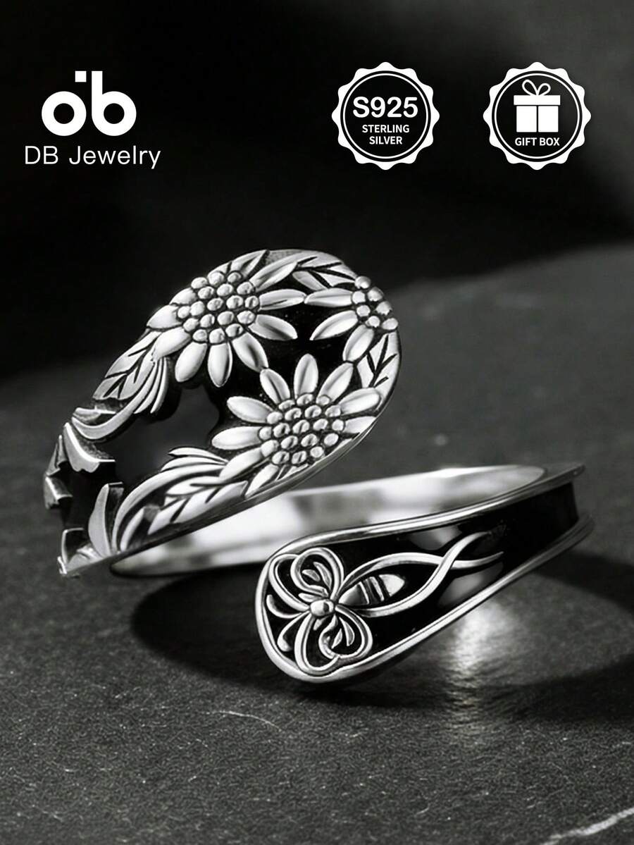 Vintage Sunflower Pattern Spoon Ring, Adjustable Open Band, 925 Sterling Silver Bohemian Style Celtic Knot Niche Design Hand Jewelry, Daily Wear, Valentine's Day Gift Box