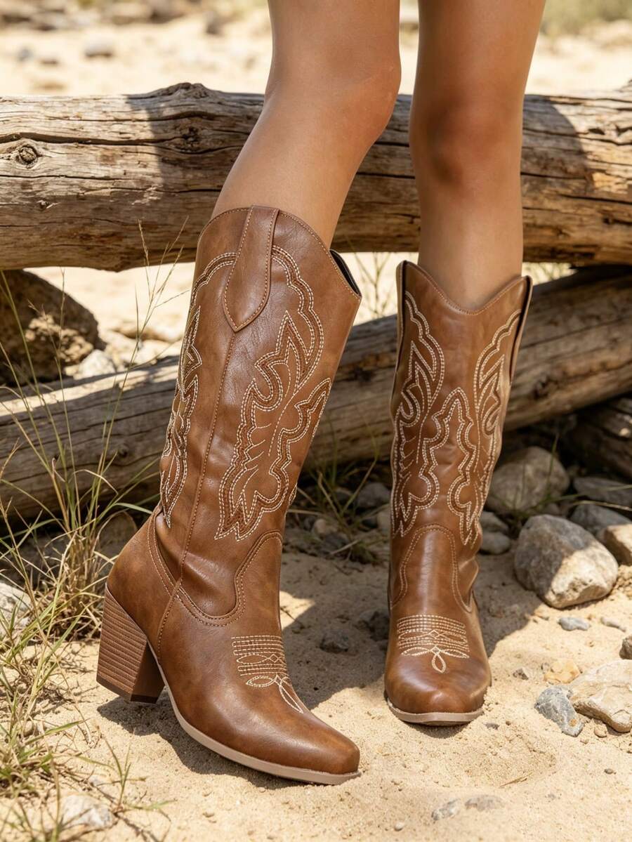 2026新款美式復古波希米亞西式牛仔靴 方頭刺繡粗高跟套腳中筒靴 - 棕色 - 查看 1