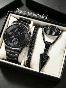 1/4pcs Set, Men's Fashion Round Dial Quartz Watch With Matching Cuban Bracelet, Arrow Pendant Necklace, Ring, Versatile Exquisite Accessories, Thanksgiving Family Boys Graduation Season Memorial Gift For Friends (Gift Box Not Included) - Black - View 1
