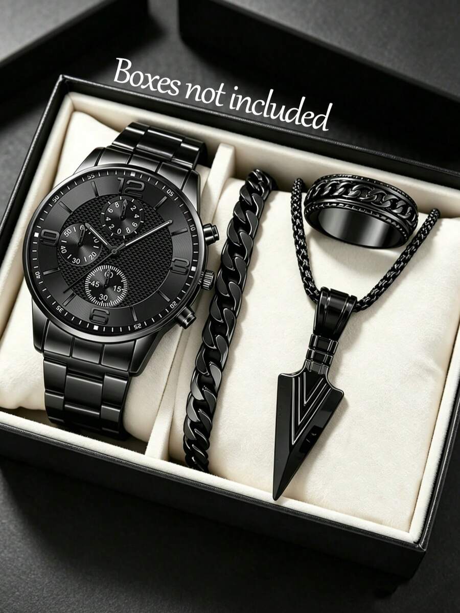 1/4pcs Set, Men's Fashion Round Dial Quartz Watch With Matching Cuban Bracelet, Arrow Pendant Necklace, Ring, Versatile Exquisite Accessories, Thanksgiving Family Boys Graduation Season Memorial Gift For Friends (Gift Box Not Included) - Black - View 1