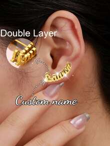 Pendientes personalizados con nombre para mujer de acero inoxidable dorado con letras cursivas en forma de arco, amuleto personalizado, regalo de joyeríde cumpleaños para la esposa - Arenado de doble capa de oro - Ver 9