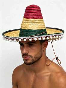 1pc Mexican Outdoor Sun Protection Straw Hat, Pom Pom Straw Hat, Party Straw Hat, Performance Prop Straw Hat, Colorful Straw Hat, [Random Color] Party Straw Hat Performance Hat Prop Colorful Hat, Dance Party Photo Prop - Straw Hat - View 6