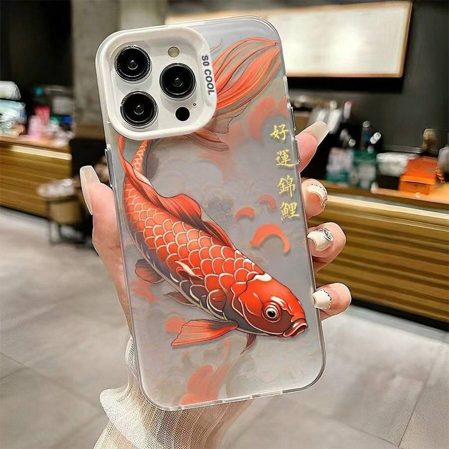 Lucky Koi Fish Case For Apple 15Pro, New 16 Protective Cover, 14Pro Fortune 13 Premium - 彩銀殼-白色-好運錦鯉 - 查看 1
