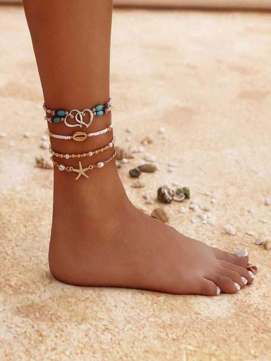 /piezas de pulseras de tobillo bohemias con cuentas de concha, elásticas ajustables con dijes de estrella de mar, joyeríde playa en capas para mujer, para usar en vacaciones de verano. - A5 - Ver 1