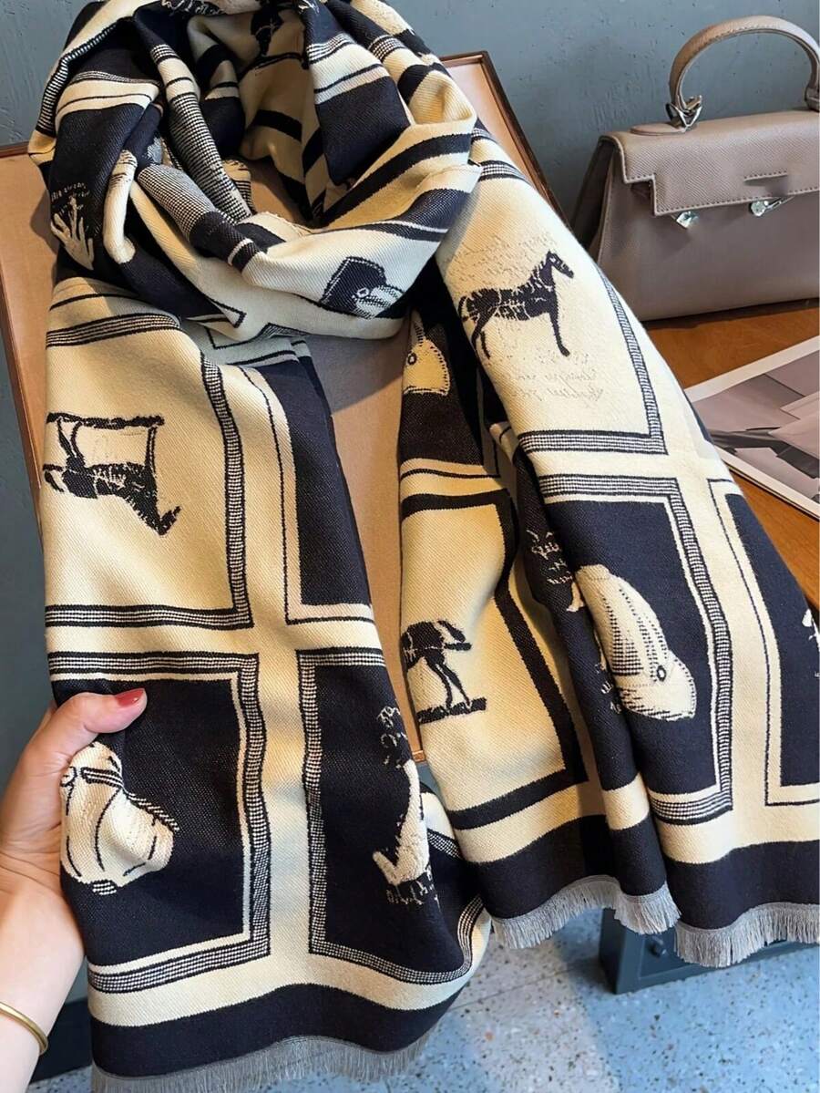 1pc Black & Beige Elegant Style Shawl Scarf, Autumn/Winter New Warm Thick Long Neck Warmer, 2-In-1 Wrap For Women, Student - Black - View 1