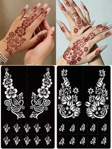 2pcs/Set Hana Hand-Drawn Hollow Tattoo Stencils, Floral Pattern Nail Art Tattoo - Sexy Floral Design, Suitable For Hands, DIY Painting, Ink, Reusable Mehndi Design Template Stickers - Black - View 1