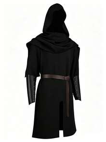 Men's Dark Medieval Hooded Long Robe Set, Vintage Gothic Style Detachable Hooded Cape + Slit Long Inner Robe, Paired With Brown Leather Belt And Lace-Up Leather Wrist Guards, Loose Fit With Slimming Effect And Great Drape, Breathable And Durable Fabric, Versatile For Dark Ranger, Hermit, Wizard, Night Walker And Other Role-Play, Inclusive Fit For Various Body Types, Perfect For Photo Atmosphere, Role-Play Costume Piece - Black - View 3