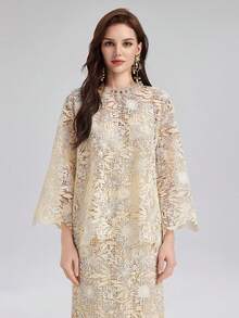 Rich Radi Q's Women's Elegant Beige Floral Lace Bell Sleeve Blouse, Fashionable Cheongsam Style Top, Suitable For Special Occasions - Beige - View 11