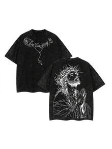 Camiseta Cristiana Oversize Lavada: Diseño Impactante, Moda Urbana de Verano MET5 - Negro - Ver 1