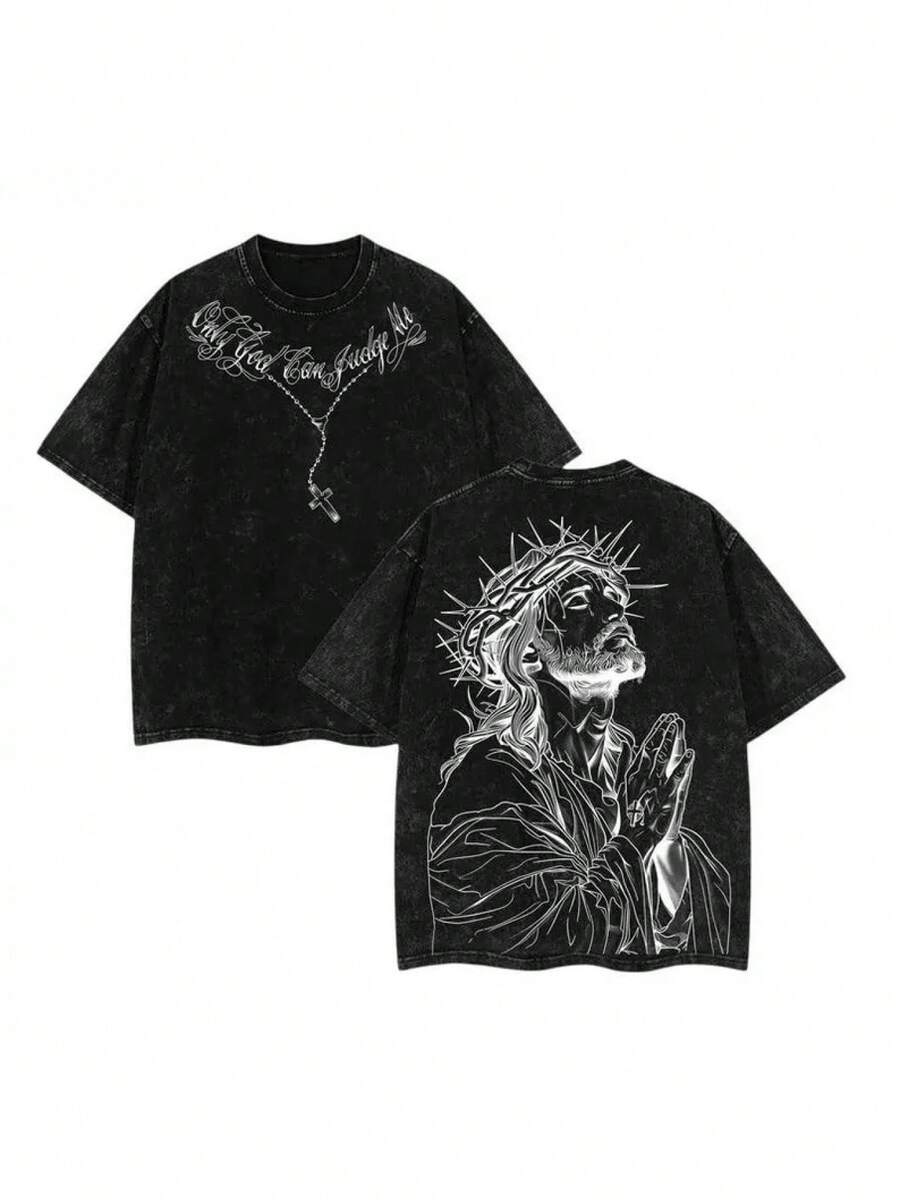 Camiseta Cristiana Oversize Lavada: Diseño Impactante, Moda Urbana de Verano MET5 - Negro - Ver 1