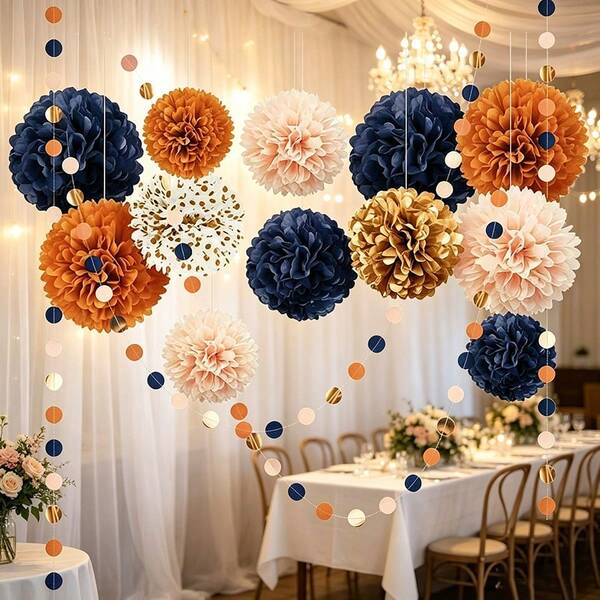 Décorations de fête Orange brûlé & Bleu marine pour mariage rustique d'automne, 13 pièces avec serviettes, pompons et guirlande de fête, convient pour anniversaire, douche de naissance, douche nuptiale, cérémonie de remise des diplômes