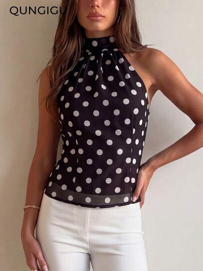 QUNGIGU Women's Polka Dot Halter Neck Backless Chiffon Top, Casual Summer Beach Vacation Daily Wear Blouse